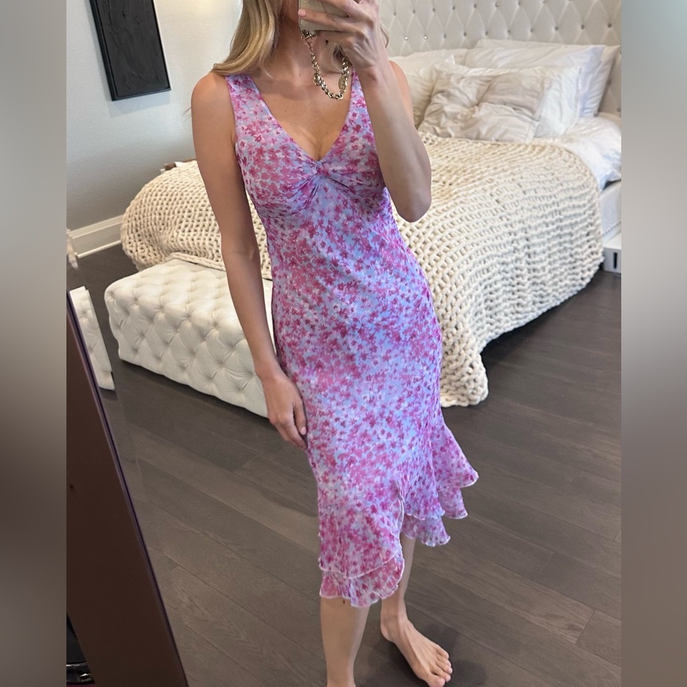 Pink Floral Midi Slip Dress with Ruffle Hem